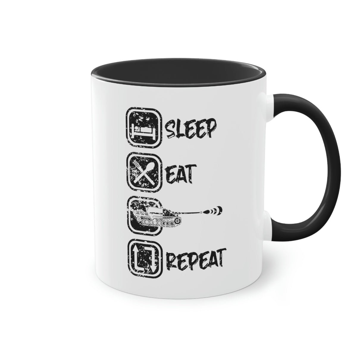 Two Tone Tasse mit Panzer-Motiv: Sleep, Eat, Tank, Repeat – Story eines Gamers