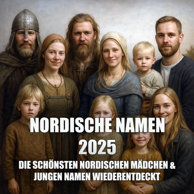 Nordische Familie von der Wikingerzeit bis heute vor Fjordlandschaft