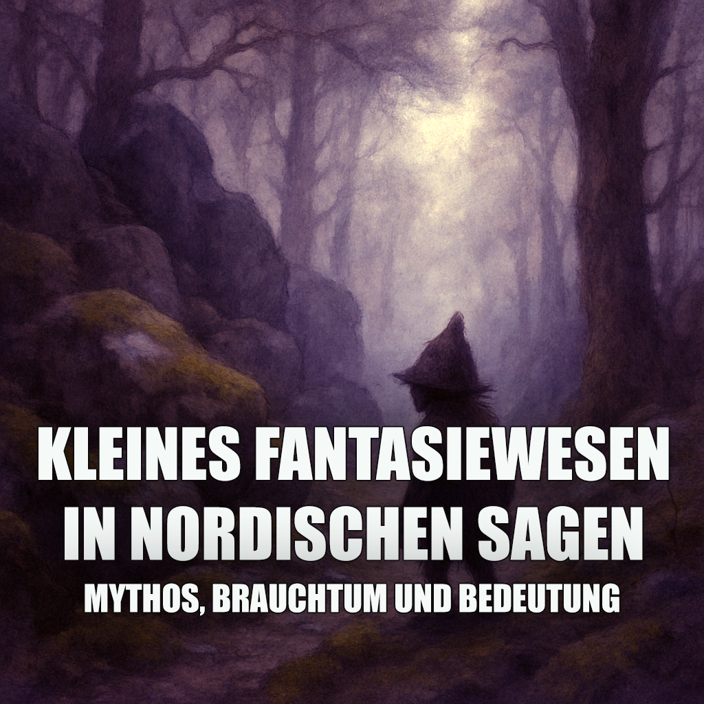 Kleines Fantasiewesen in nordischer Landschaft, verborgen zwischen Felsen und Wald in ruhiger, mythischer Atmosphäre