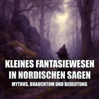 Kleines Fantasiewesen in nordischer Landschaft, verborgen zwischen Felsen und Wald in ruhiger, mythischer Atmosphäre