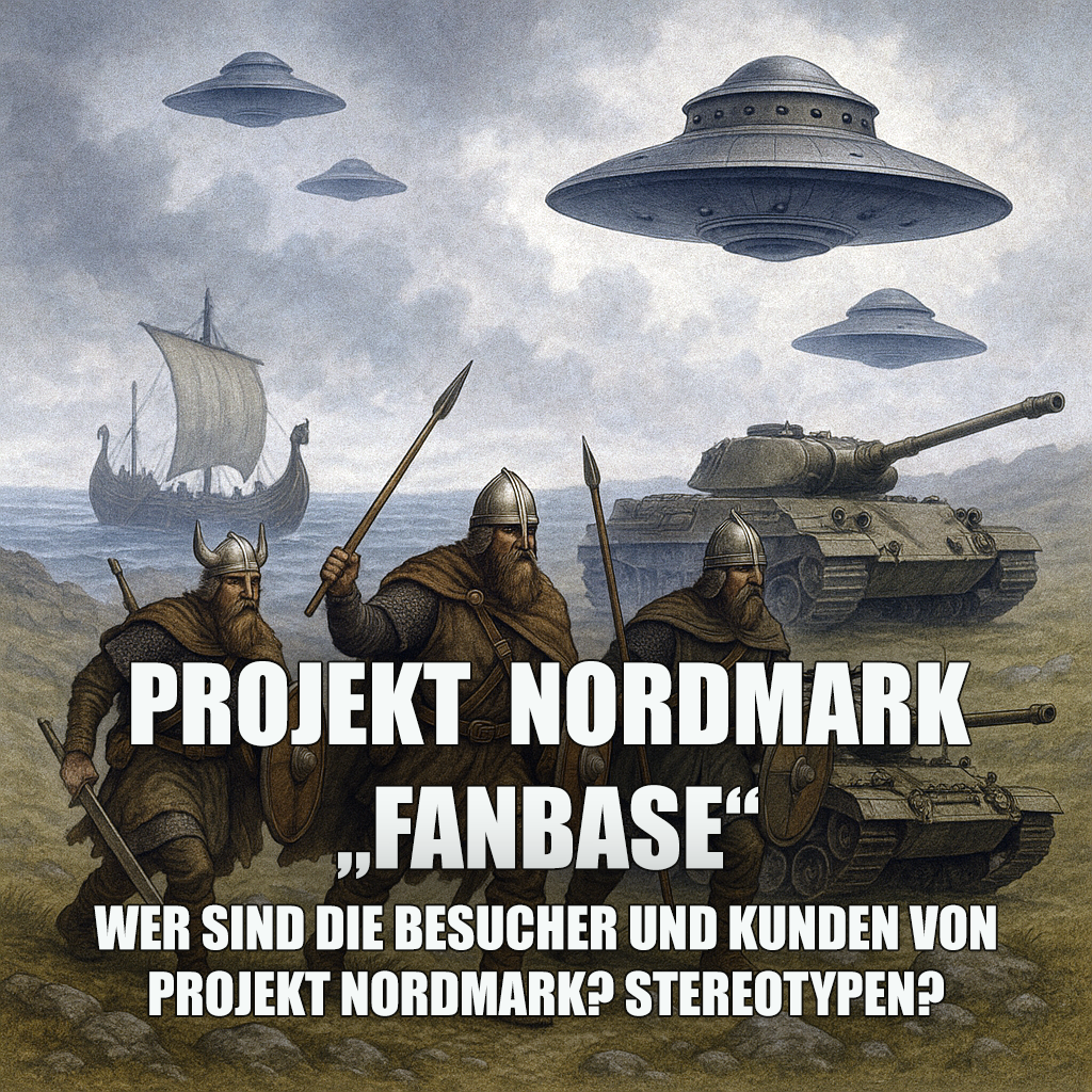 Wikinger mit Schilden und Äxten marschieren an der Küste, im Hintergrund ein Langschiff, zwei Panzer und schwebende Haunebu-UFOs am wolkigen Himmel.